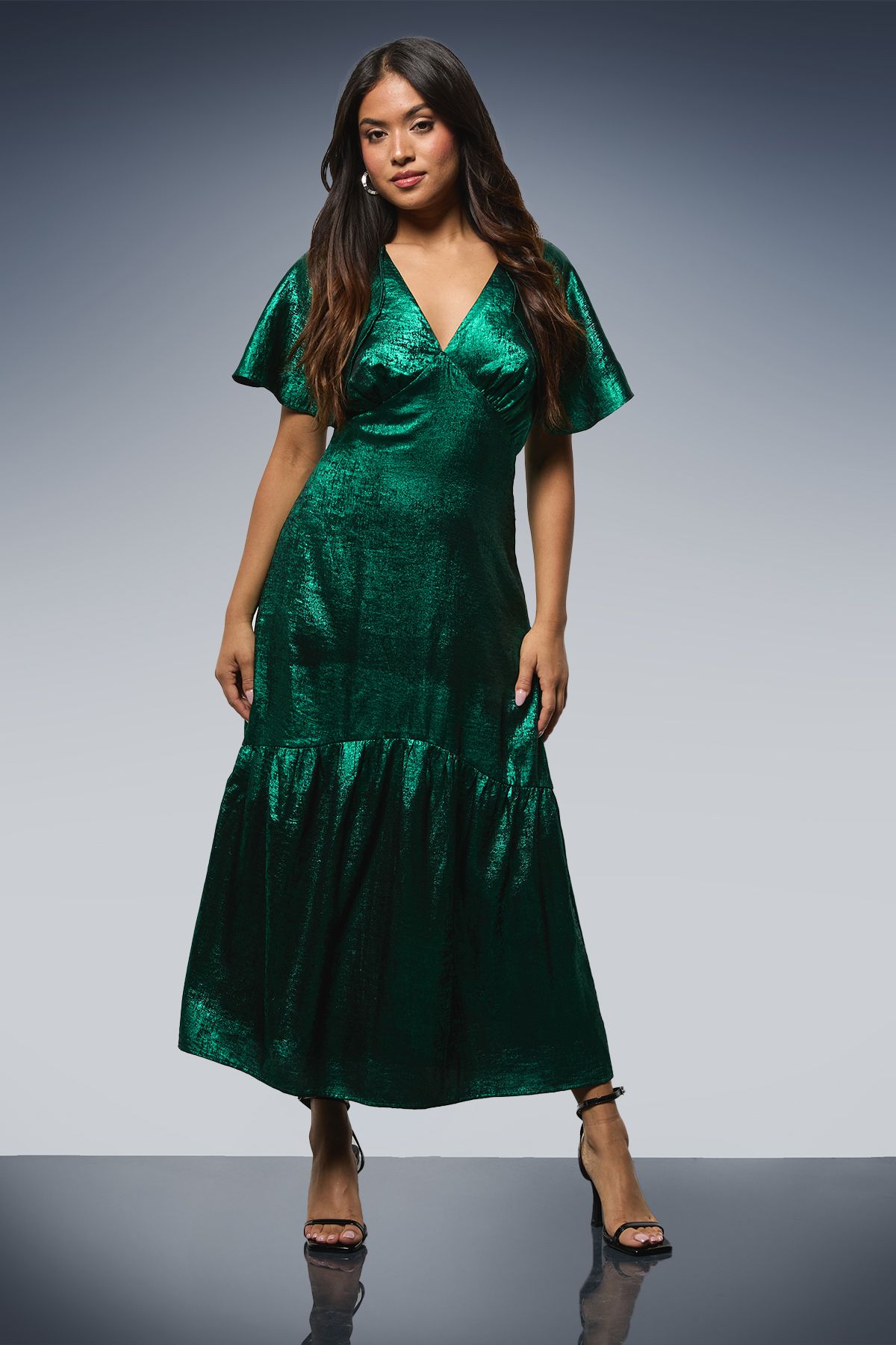 Dorothy Perkins Petite DP Luxe Cape Sleeve Metallic Satin Midaxi Dress Green image 1