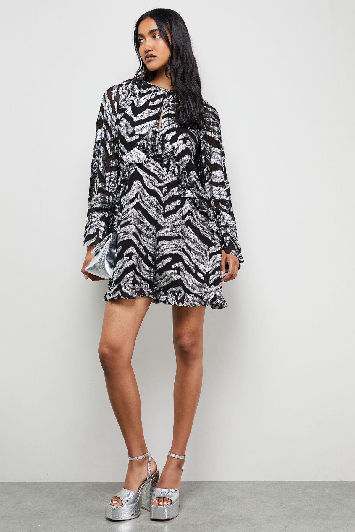 Warehouse Flippy Hem Volume Sleeve Viscose Zebra Jacquard Dress Black image 2