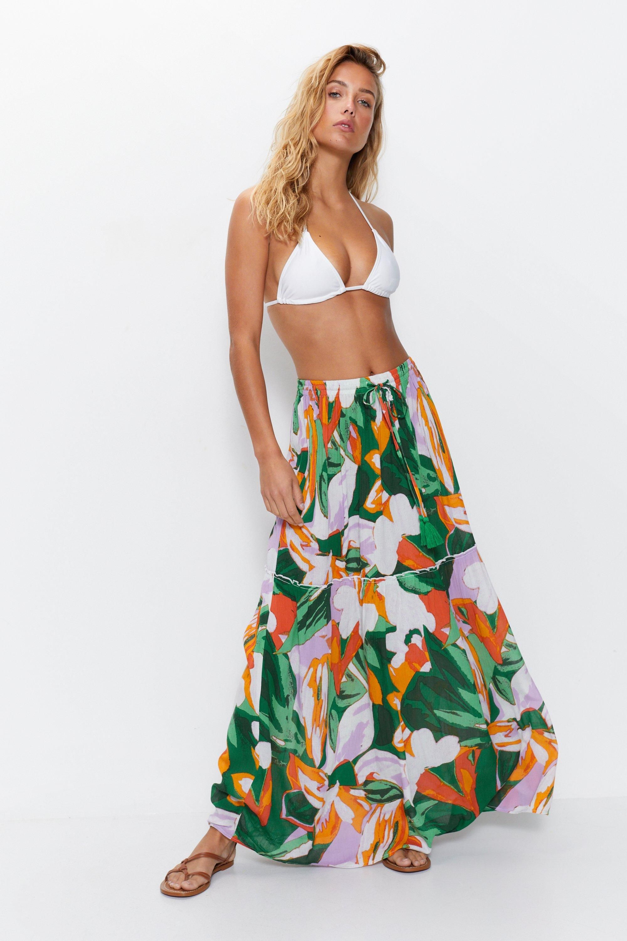 Warehouse Tropical Tiered Maxi Beach Skirt Green