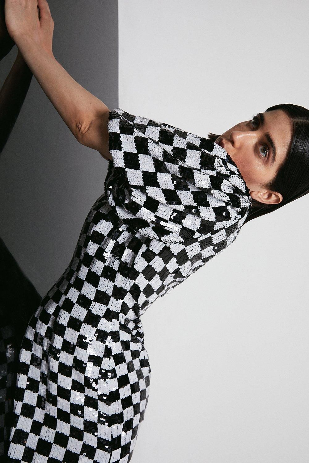 Warehouse Chequered Sequin Mini Dress Black image 4