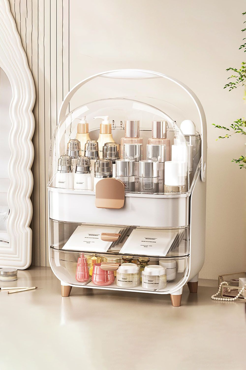 SHEONLY Makeup Storage Organizer with Lid, Waterproof Cosmetics Skincare Organizer for Vanity image 1