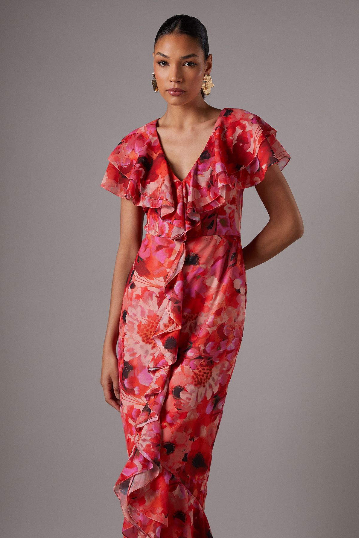Coast Short Sleeve Chiffon Maxi Dress With Frills Multi image 2