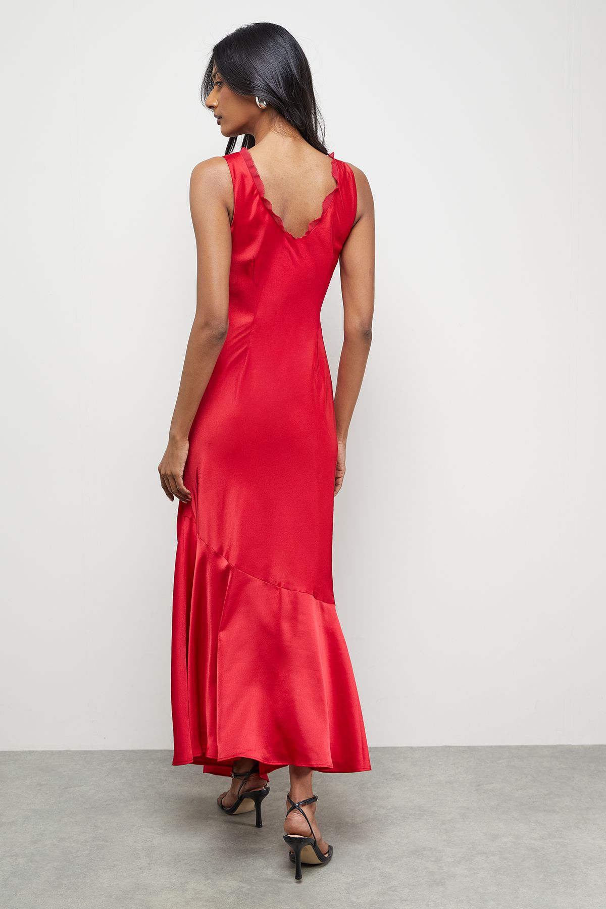 Warehouse Premium Viscose Satin Raw Edge Asymmetric Midi Slip Dress Red image 3