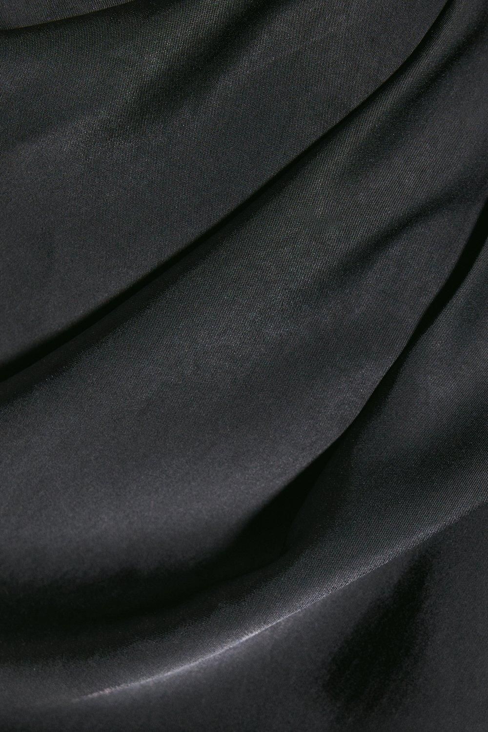 MissPap Satin Asymmetric Strap Pleated Waist Low Back Maxi Bridesmaid Dress Black image 5