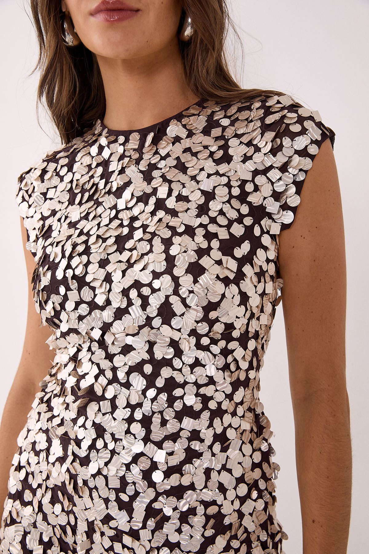 NastyGal Iridescent Sequin Hand Embellished Cap Sleeve Mini Dress Chocolate image 3