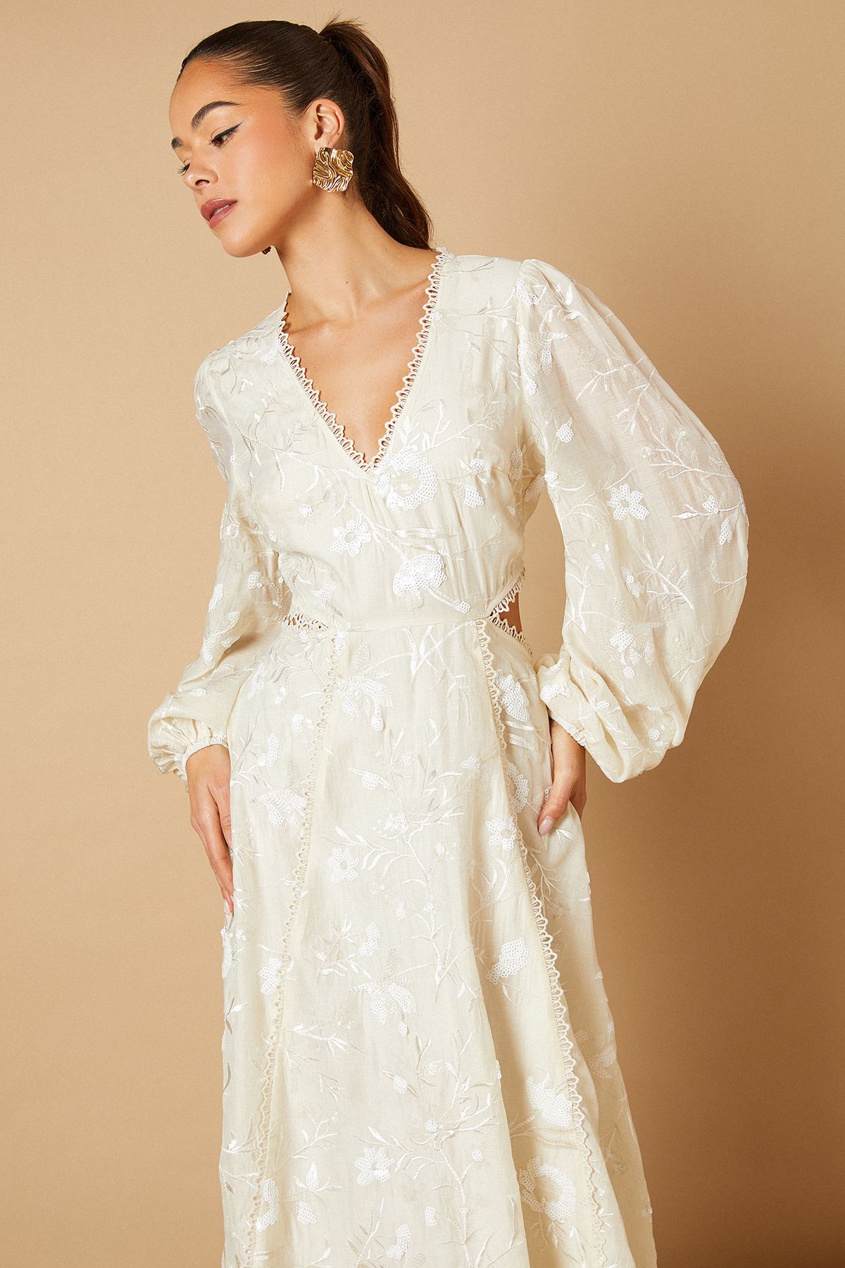 Oasis Chiffon Sequin Embellished Floral Midaxi Dress Ivory image 3