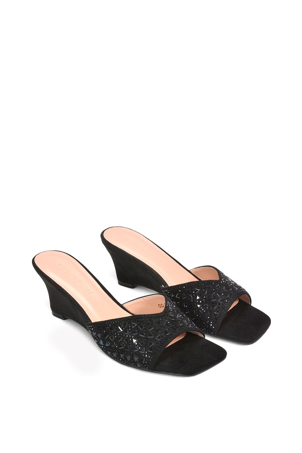 XY London 'Georgia' Wedge Heel Diamante Square Peep Toe Heeled Mule Sandals image 5