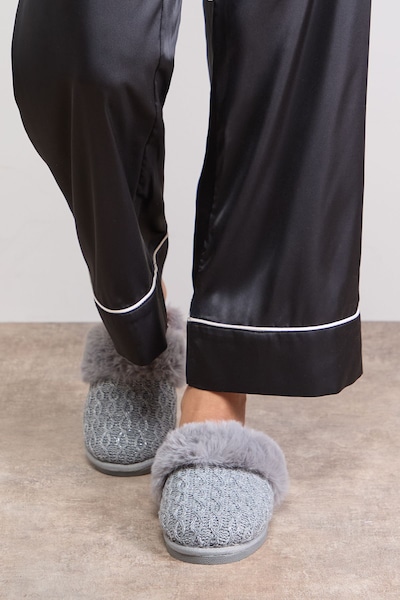 Oasis Monisha Cosy Knit Faux Fur Lined Mule Slippers Grey