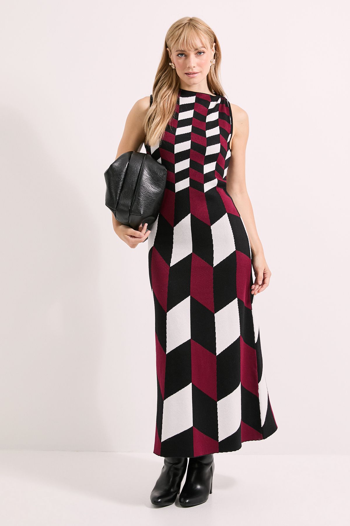 Principles Mono Geo Neck Trim Knitted Dress Mono image 1