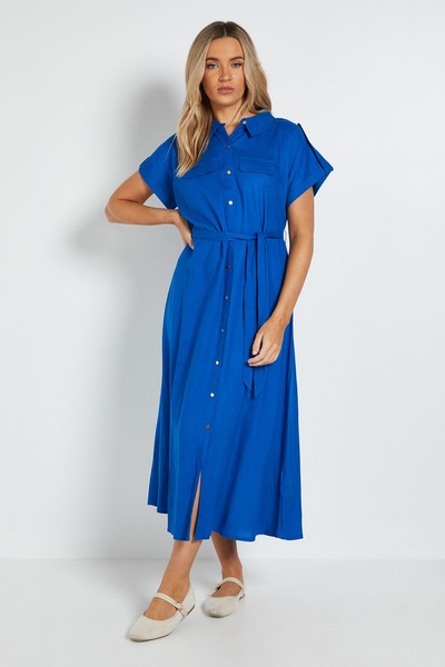 Dorothy Perkins Button Up Belted Roll Sleeve Shirt Dress Cobalt