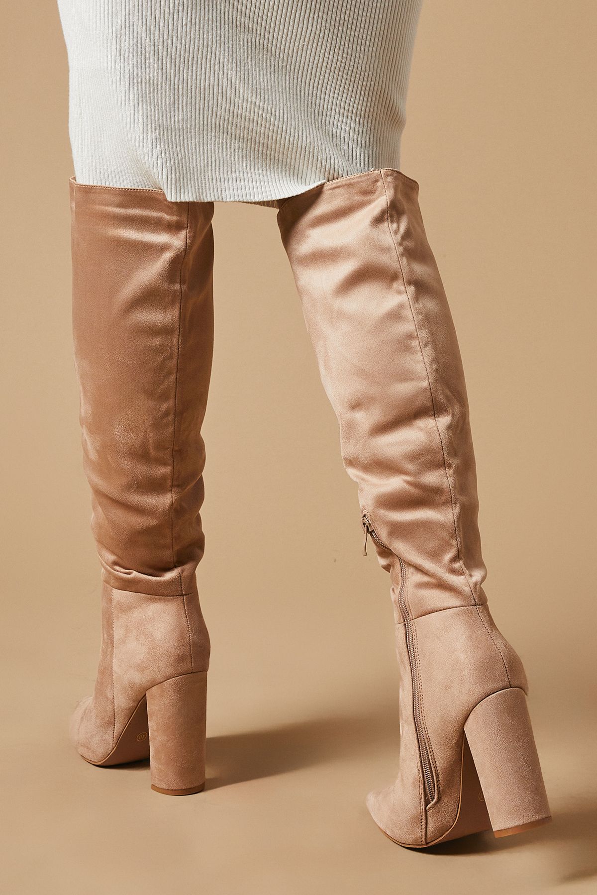 Oasis Kenia Faux Suede High Block Heel Pointed Knee Boot Taupe image 3