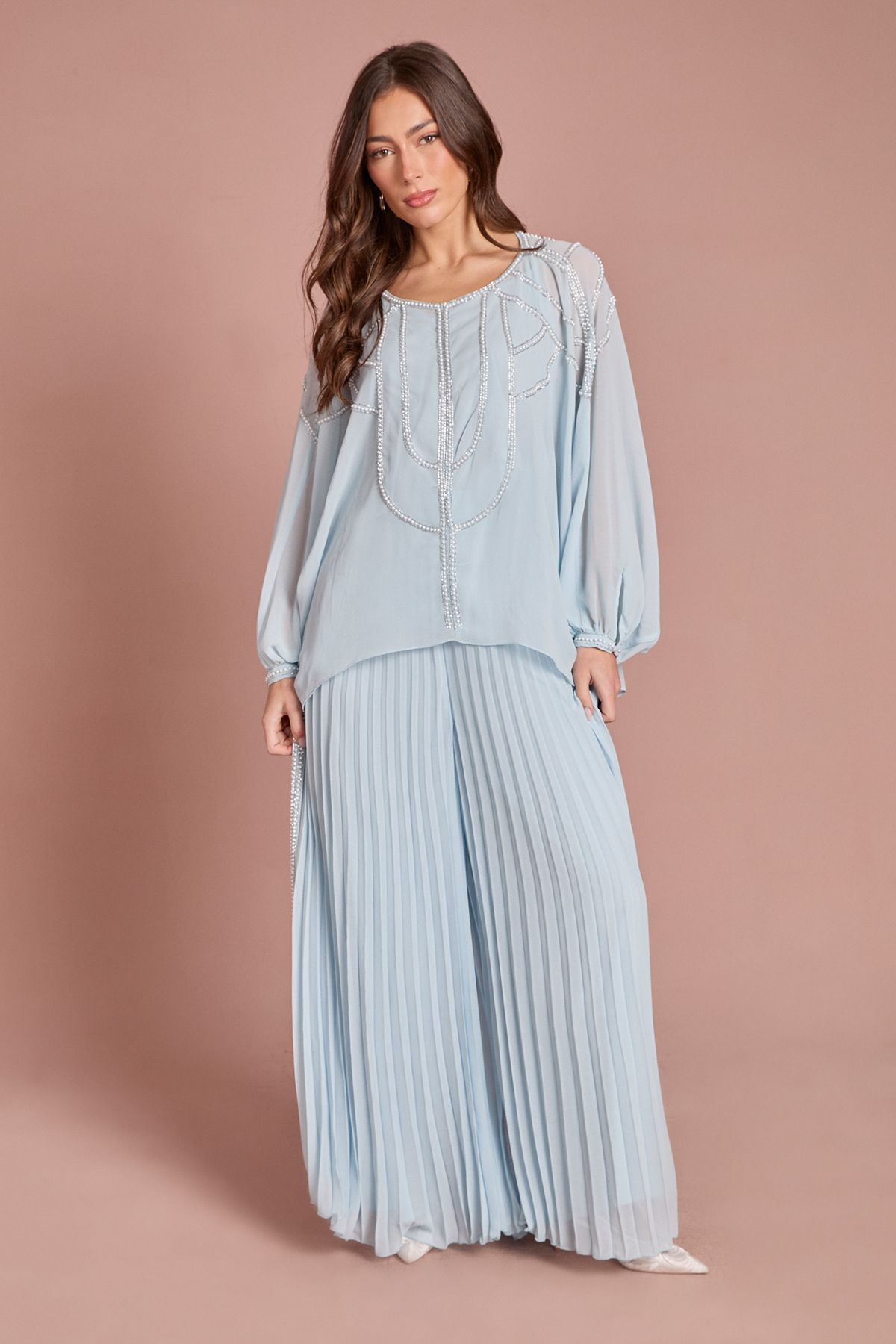 Coast Pearl Embellished Pleated Georgette Wide Leg Trouser Light Blue