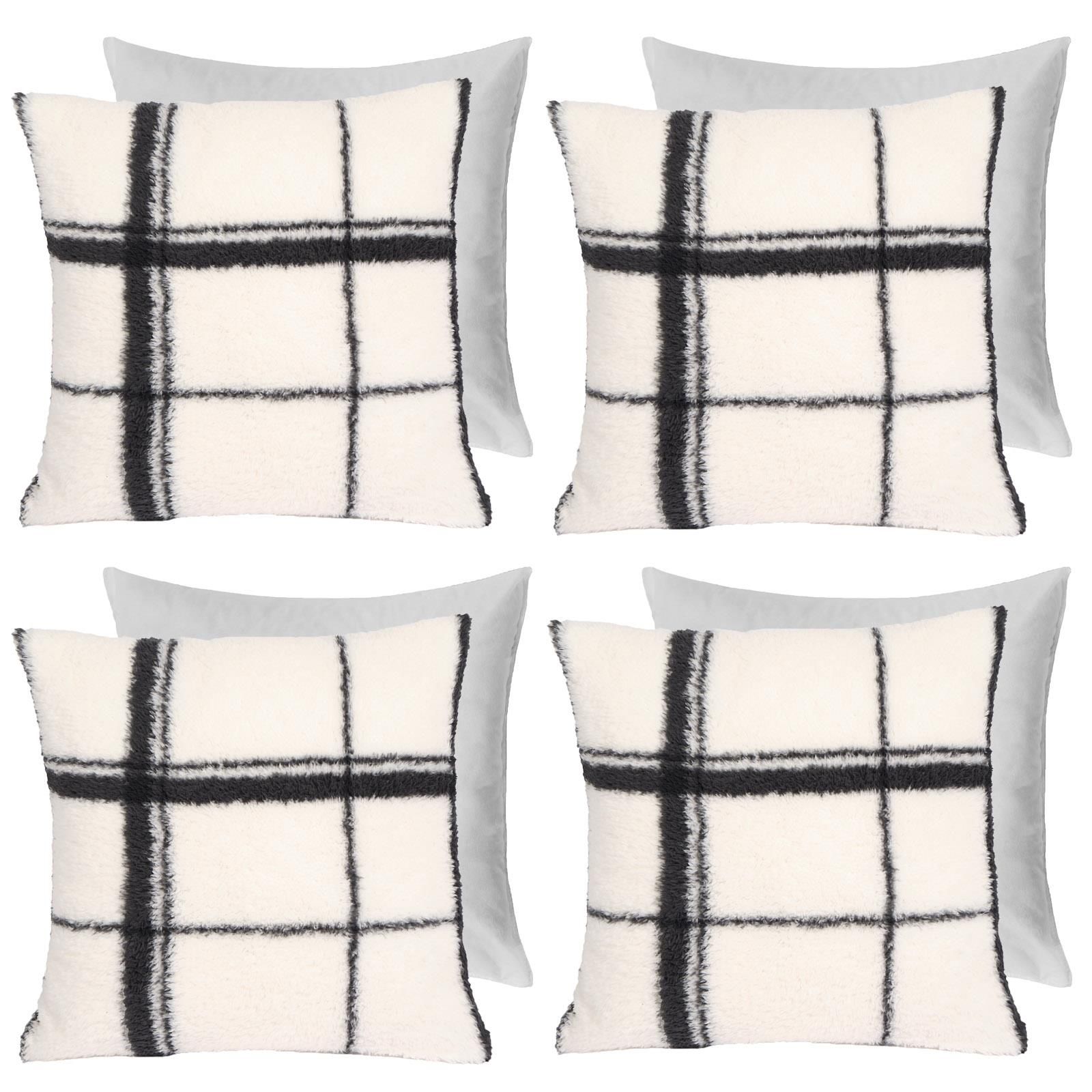 OHS Check Teddy Fleece Cushion Covers 4 x Filled Home Decor Soft, Mono - 45 x 45cm image 1
