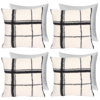 OHS Check Teddy Fleece Cushion Covers 4 x Filled Home Decor Soft, Mono - 45 x 45cm