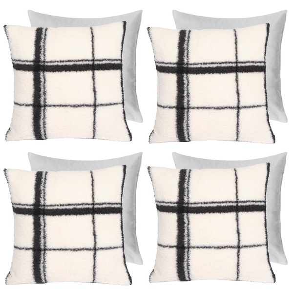 OHS Check Teddy Fleece Cushion Covers 4 x Filled Home Decor Soft, Mono - 45 x 45cm