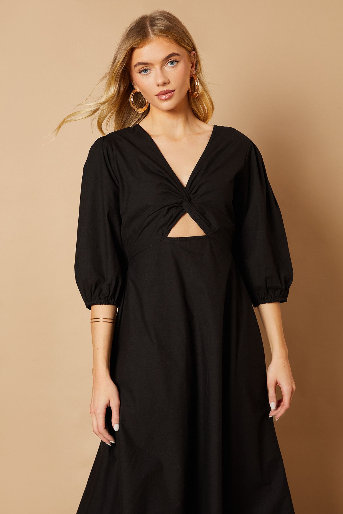 Oasis Cotton Poplin Knot Front Puff Sleeve Midi Dress Black image 3