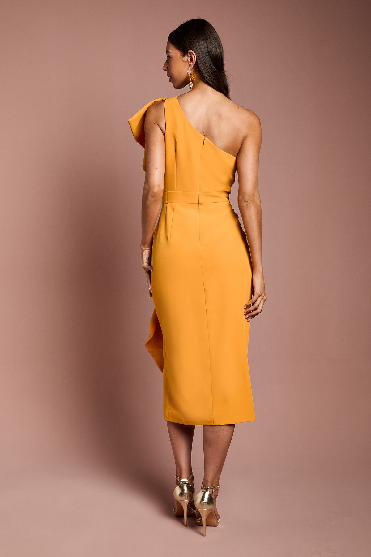 Coast One Shoulder Ruffle Crepe Pencil Midi Dress Orange image 5
