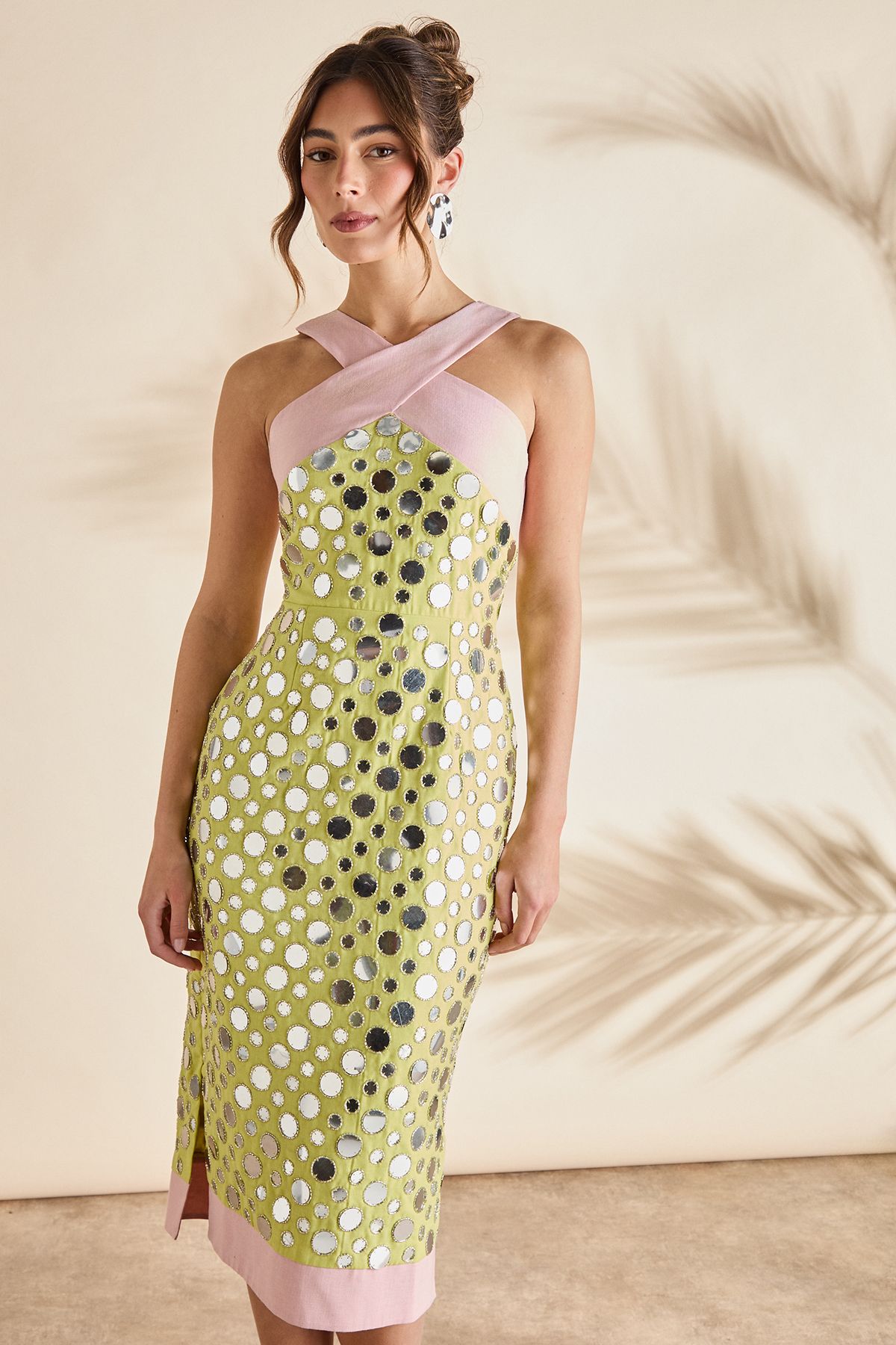 Coast Cross Neck Mirror Sequin Midi Dress Chartreuse image 2