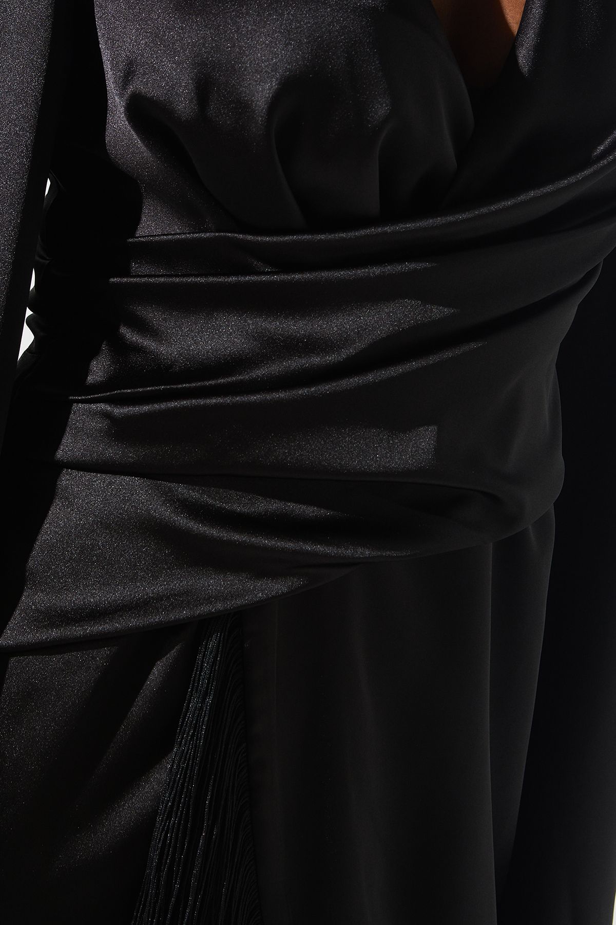 Coast Satin Fringe Hem Wrap Waist Midi Dress Black image 5