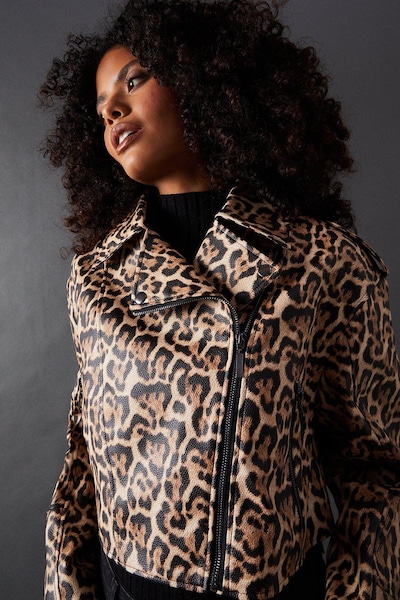 Warehouse Animal Oversized Biker Jacket Leopard