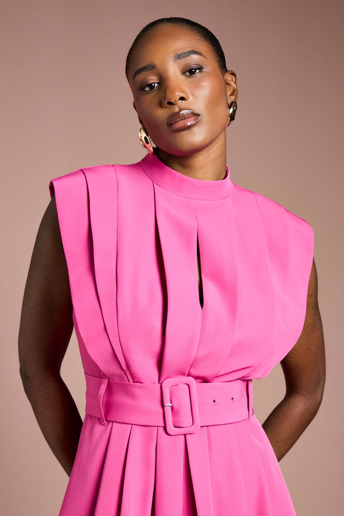 Coast Colour Block Belted Pleat Detail Midi Dress Magenta image 4