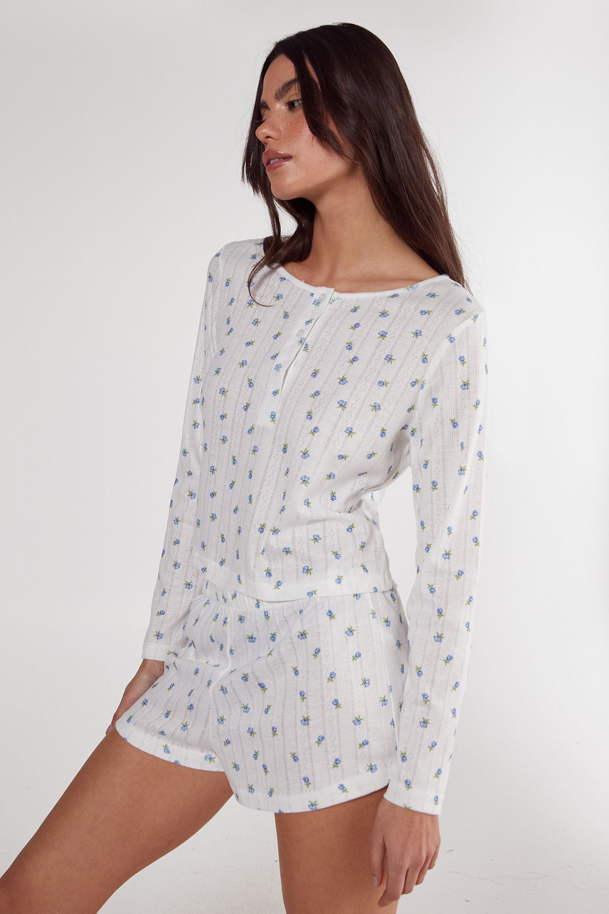 NastyGal Pointelle Ditsy Floral Long Sleeve Top and Short Pajama Set White image 4