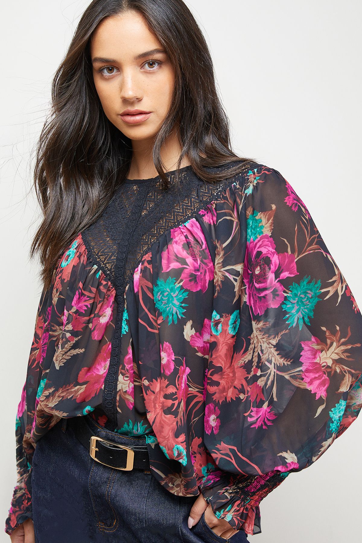 Oasis Printed Lace Yoke Balloon Sleeve Boho Blouse Black image 4