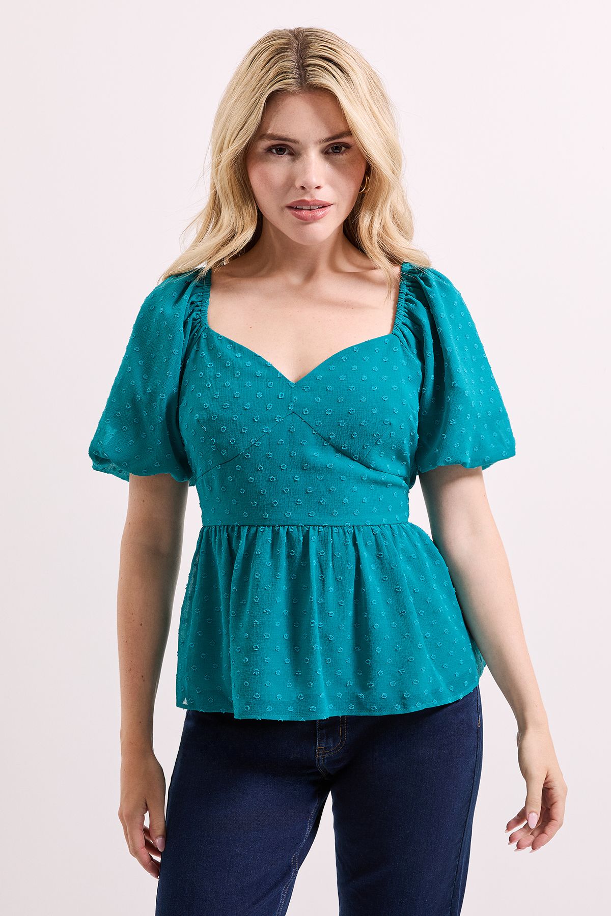 Dorothy Perkins Sweetheart Tie Back Puff Sleeve Top Teal image 3