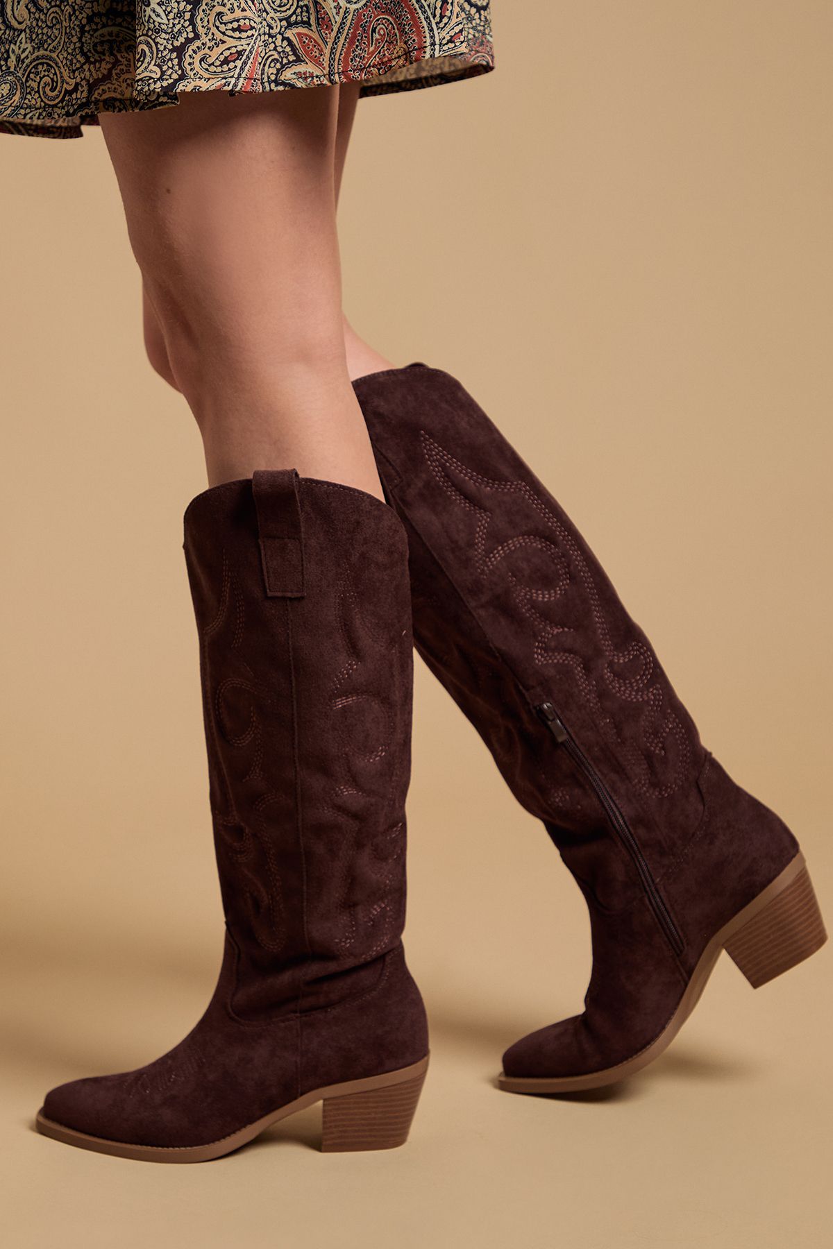Oasis Jess Faux Suede Embroidered Western Knee Boots Chocolate image 1