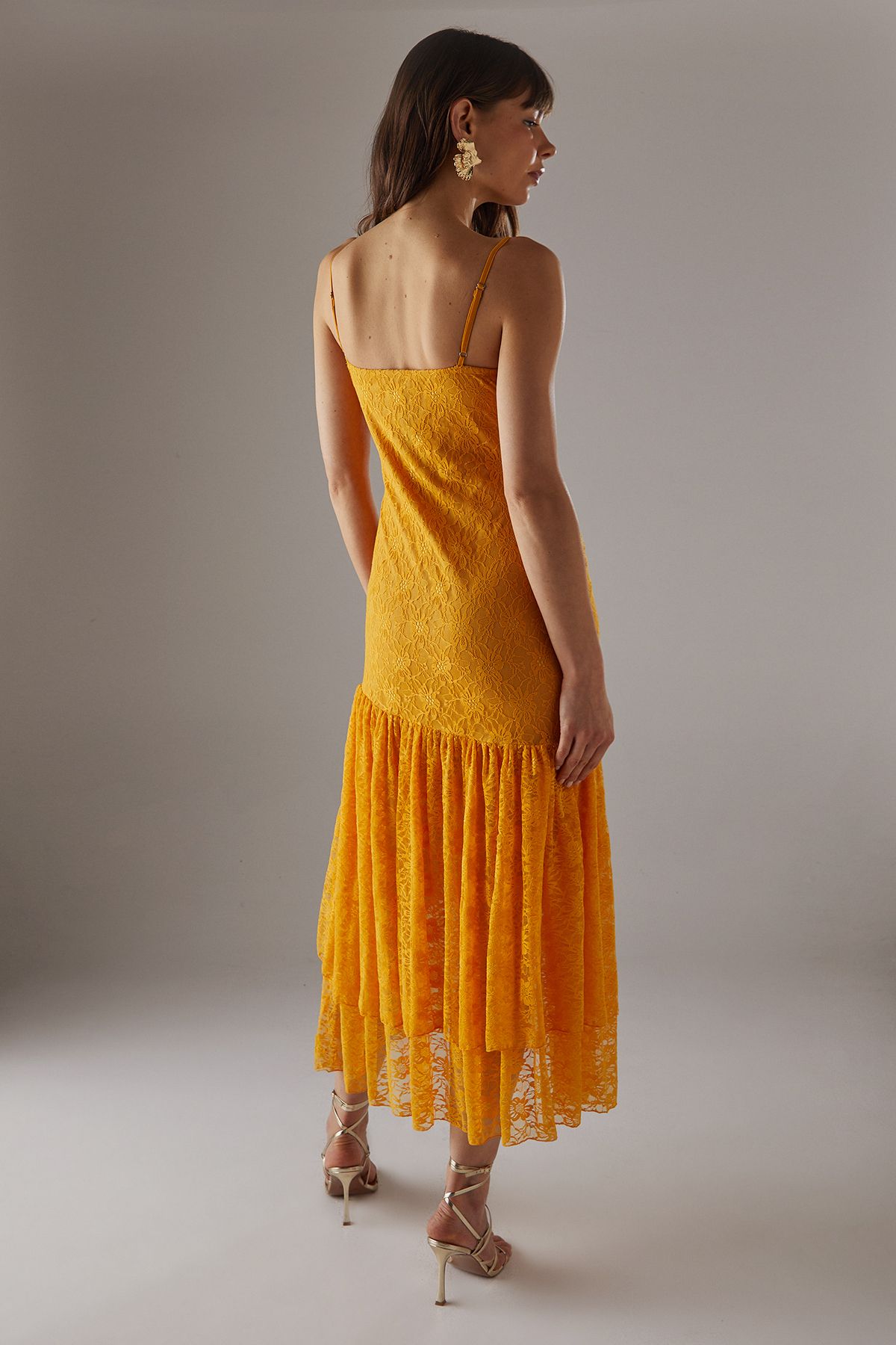 Warehouse Lace Strappy Drop Waist Ruffle Midi Dress Orange image 3