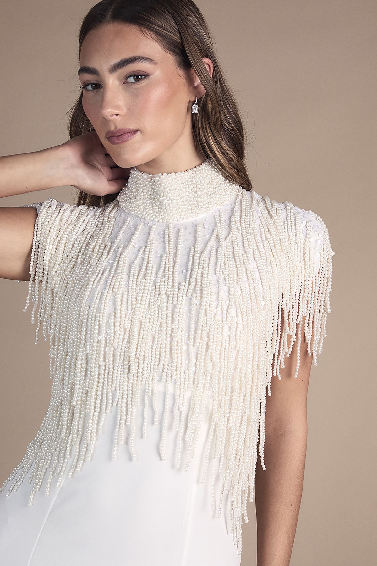 Coast Pearl Fringed High Neck Embellished Wedding Dress Ivory image 4