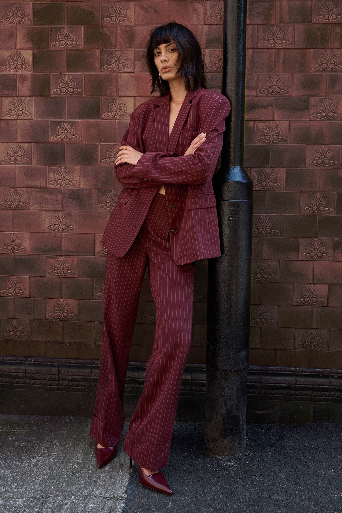 Warehouse Pinstripe Turn Up Wide Leg Trouser co ord Choc Brown
