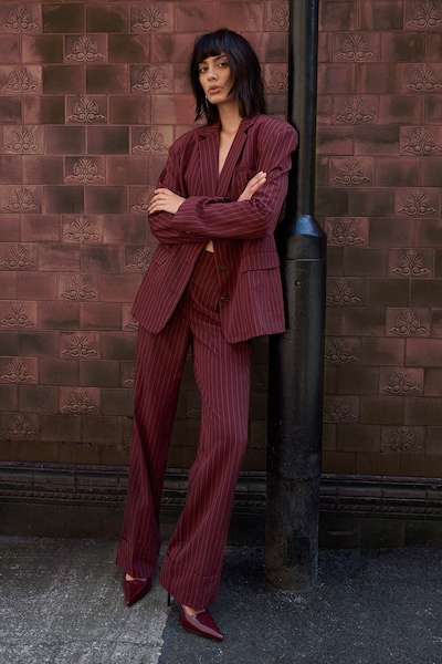 Warehouse Pinstripe Turn Up Wide Leg Trouser co ord Choc Brown