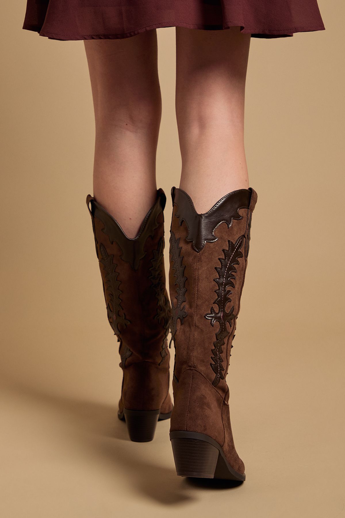 Oasis Jessie Faux Suede & Leather Western Cowboy Calf Boots Brown image 3