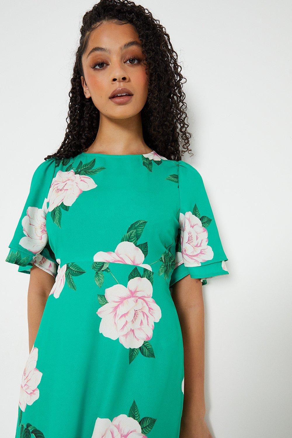 Dorothy Perkins Tall Green Floral Flutter Sleeve Midi Dress Green image 4