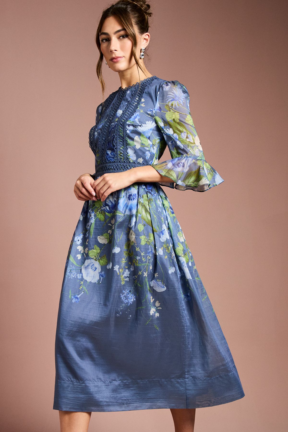 Coast Placement Print 3/4 Sleeve Organza Midi Dress Blue image 4
