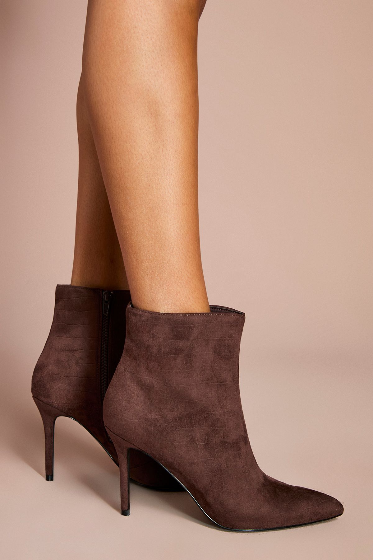 Coast Harper Faux Croc Embossed Suede High Stiletto Ankle Boots Choc Brown image 3