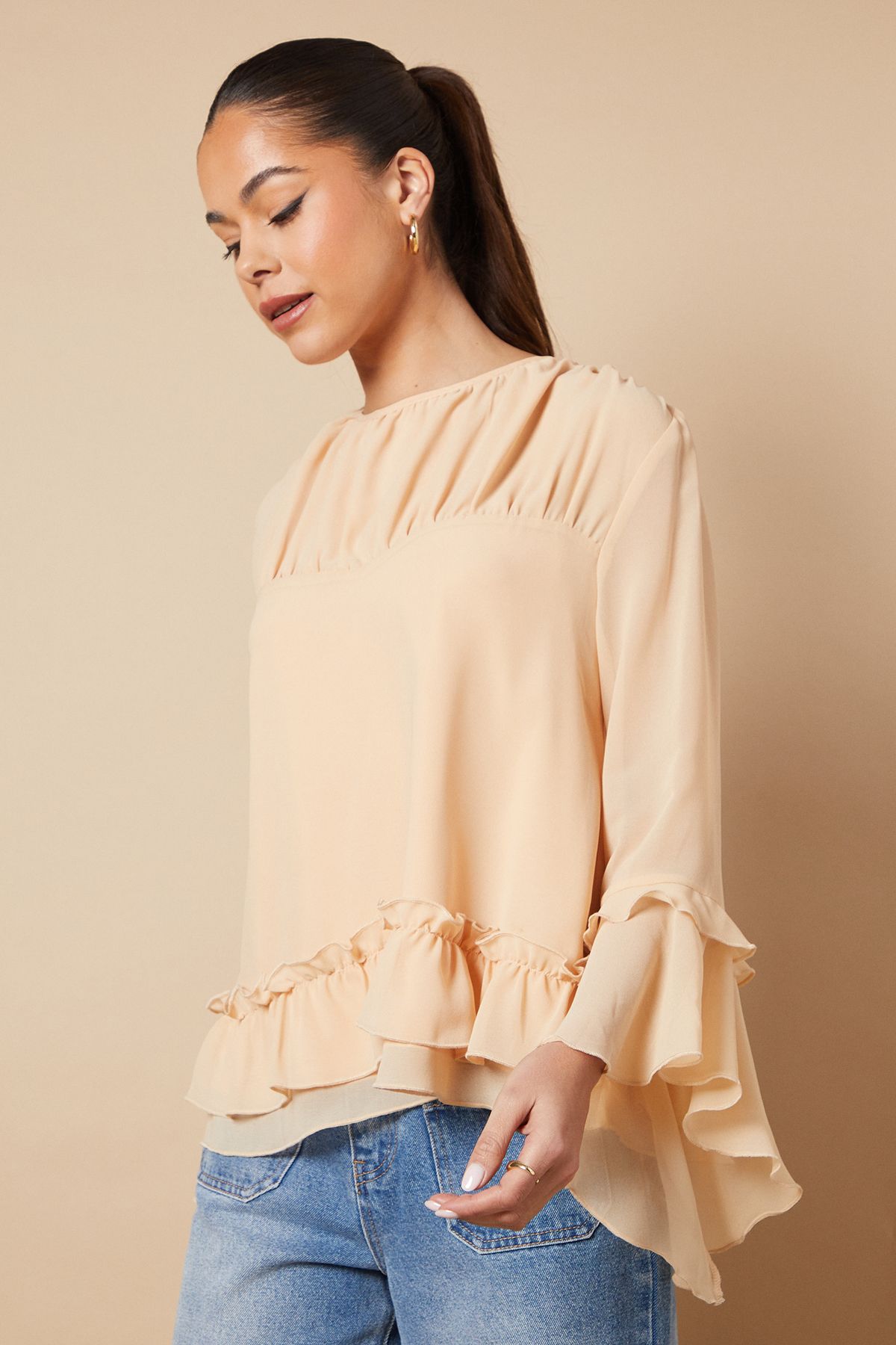 Oasis Ruched Waist 3/4 Sleeve Blouse Apricot image 2