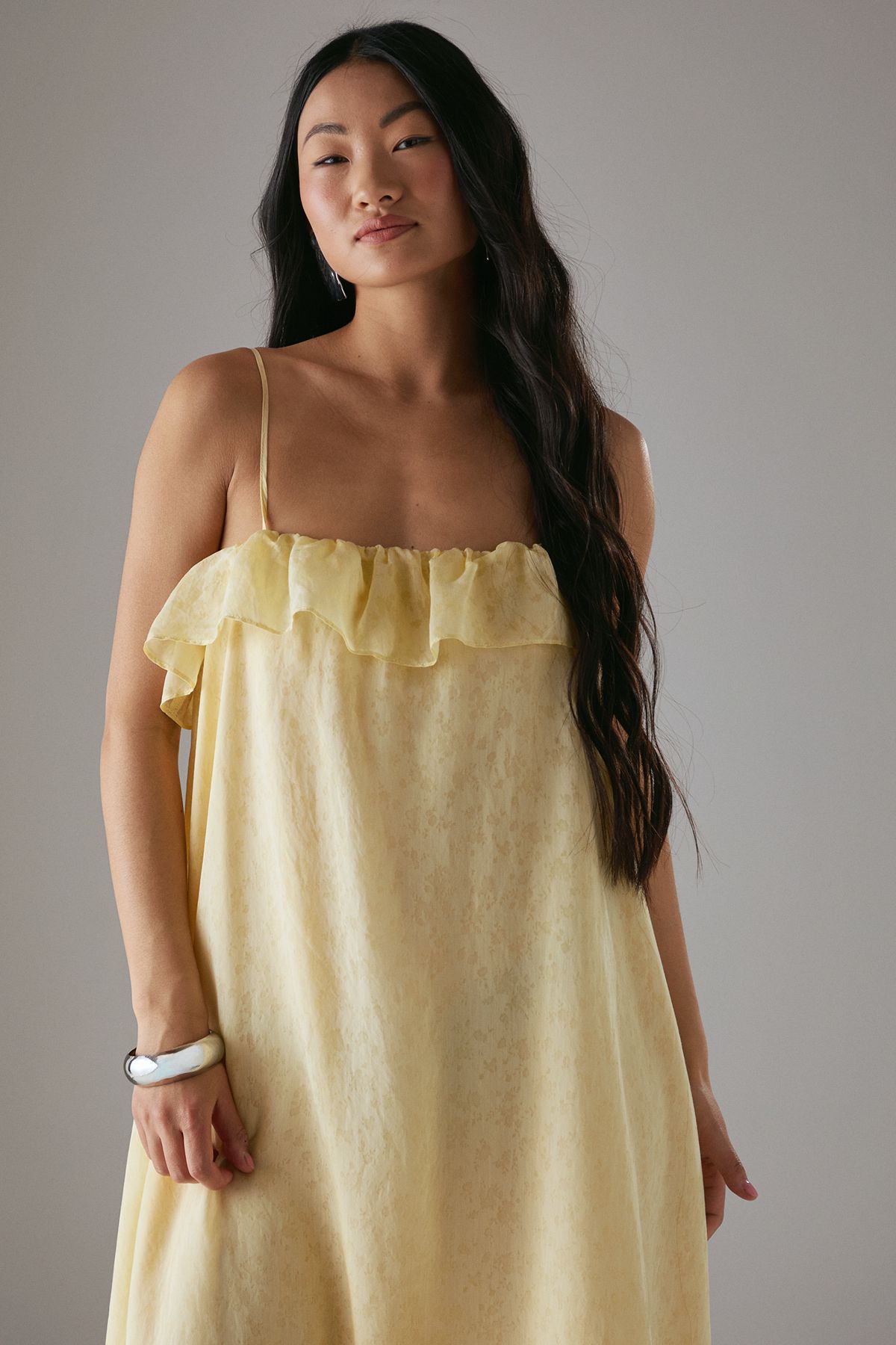 Warehouse Petite Rose Organza Strappy Frill Midi Sundress Yellow image 4