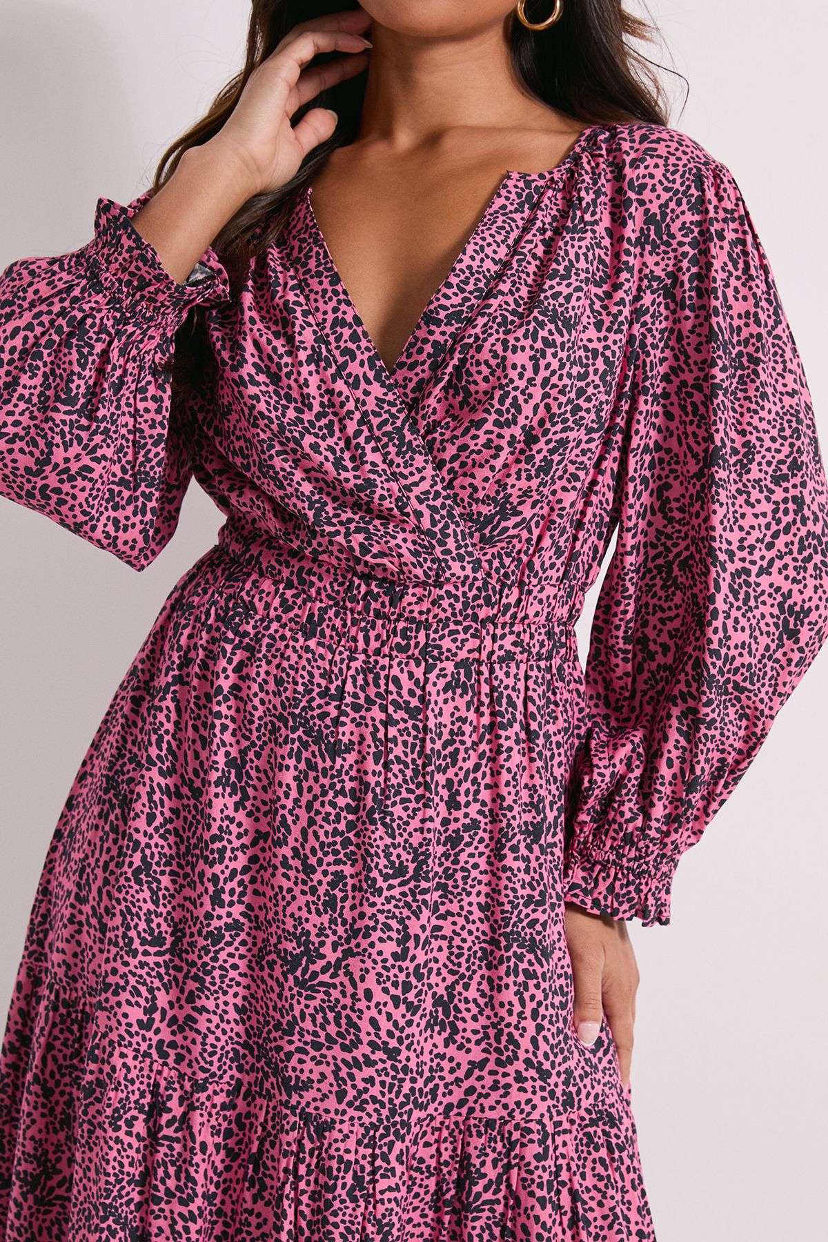 Dorothy Perkins Petite Pink Animal Wrap Front Tiered Skirt Midaxi Dress Animal image 4