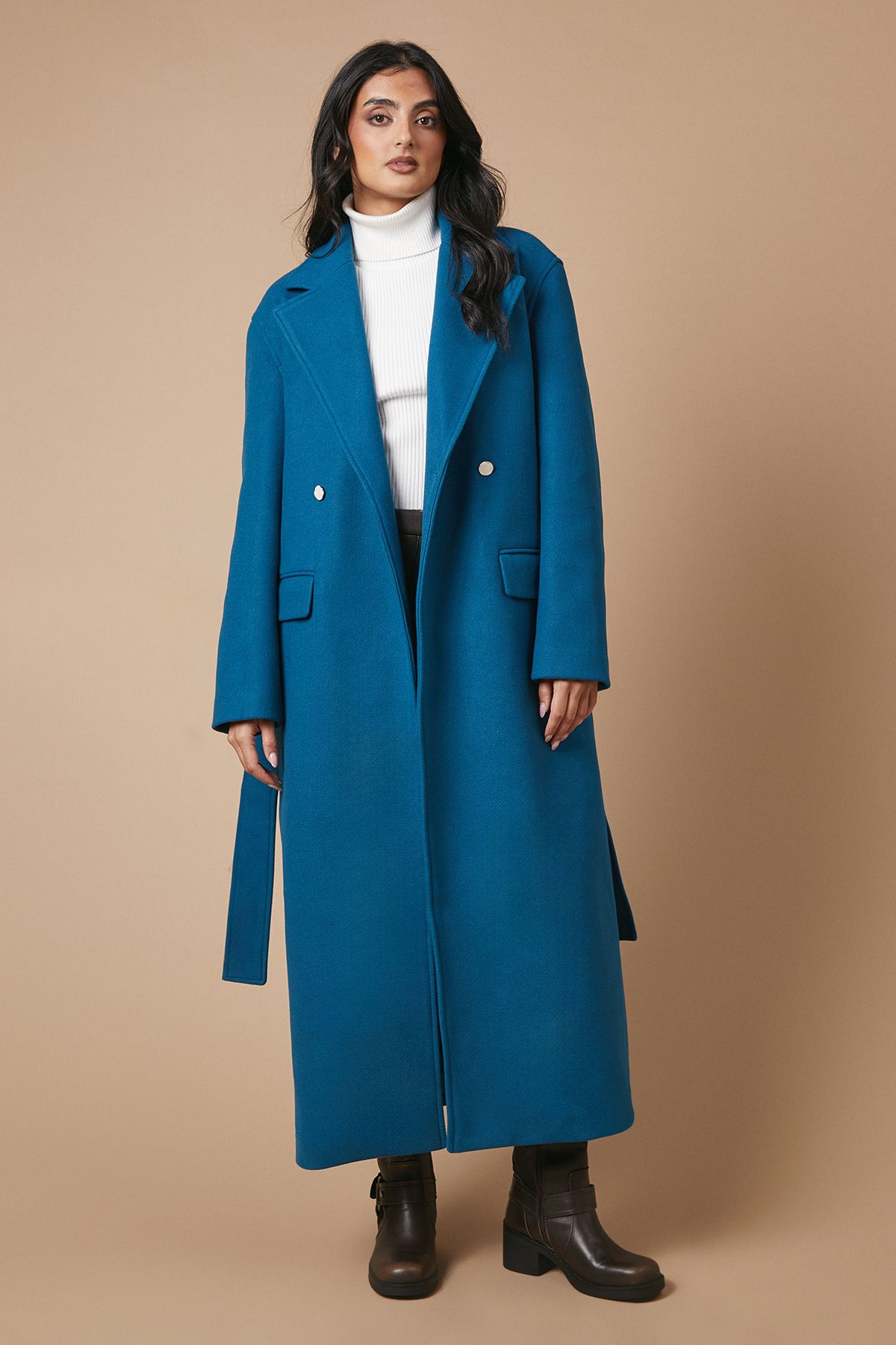 Oasis Button Detail Maxi Belted Wrap Coat Teal image 1