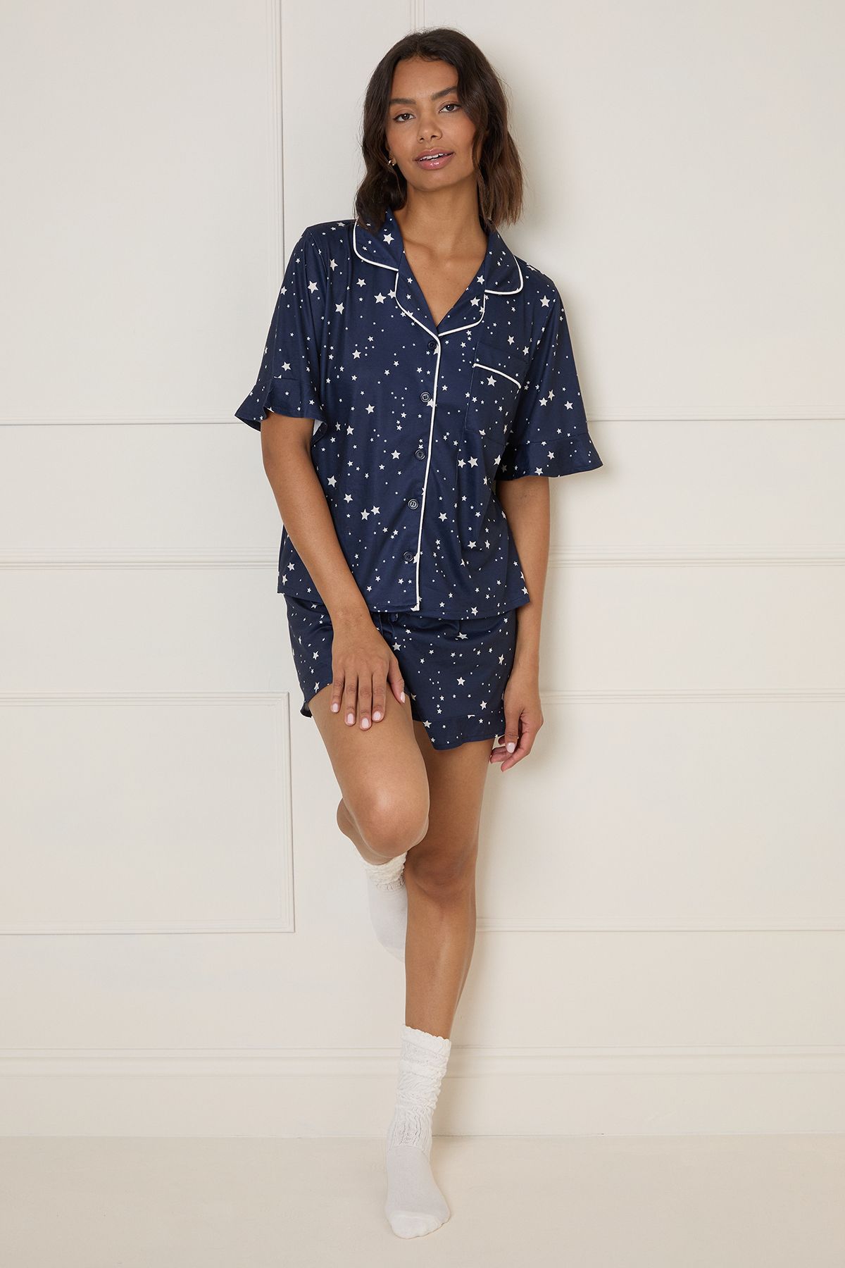 Dorothy Perkins Printed Nightwear Tipped Short Sleeve Pyjama Set Navy image 1