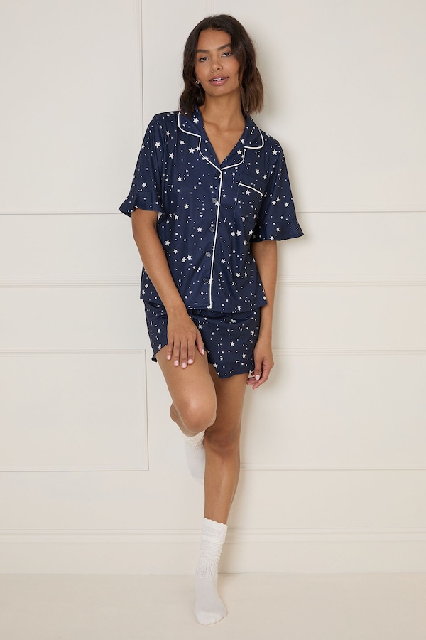 Dorothy Perkins Printed Nightwear Tipped Short Sleeve Pyjama Set Navy