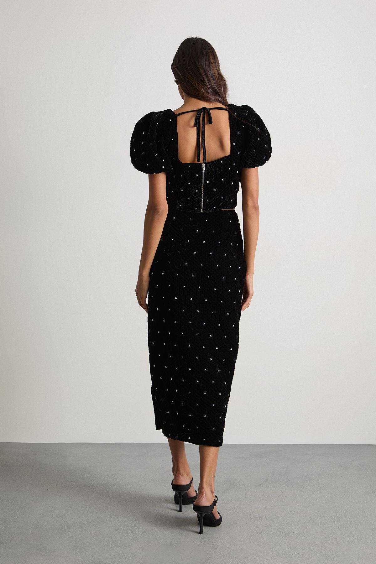 Warehouse Velvet Embellished Pencil Midi Skirt Black image 3