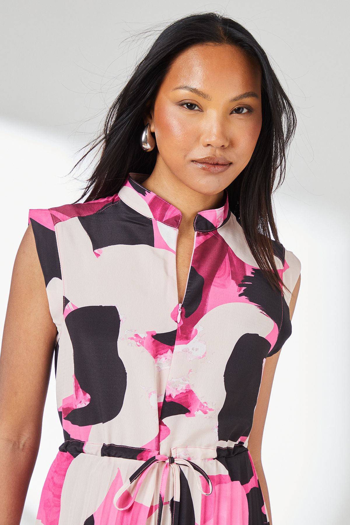 Principles Pink Abstract Print Pleated Skirt Zip Front Midi Dress Pink image 4