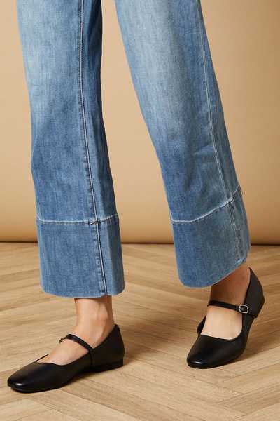 Oasis Belle Real Leather Mary Jane Square Toe Ballet Pumps Black