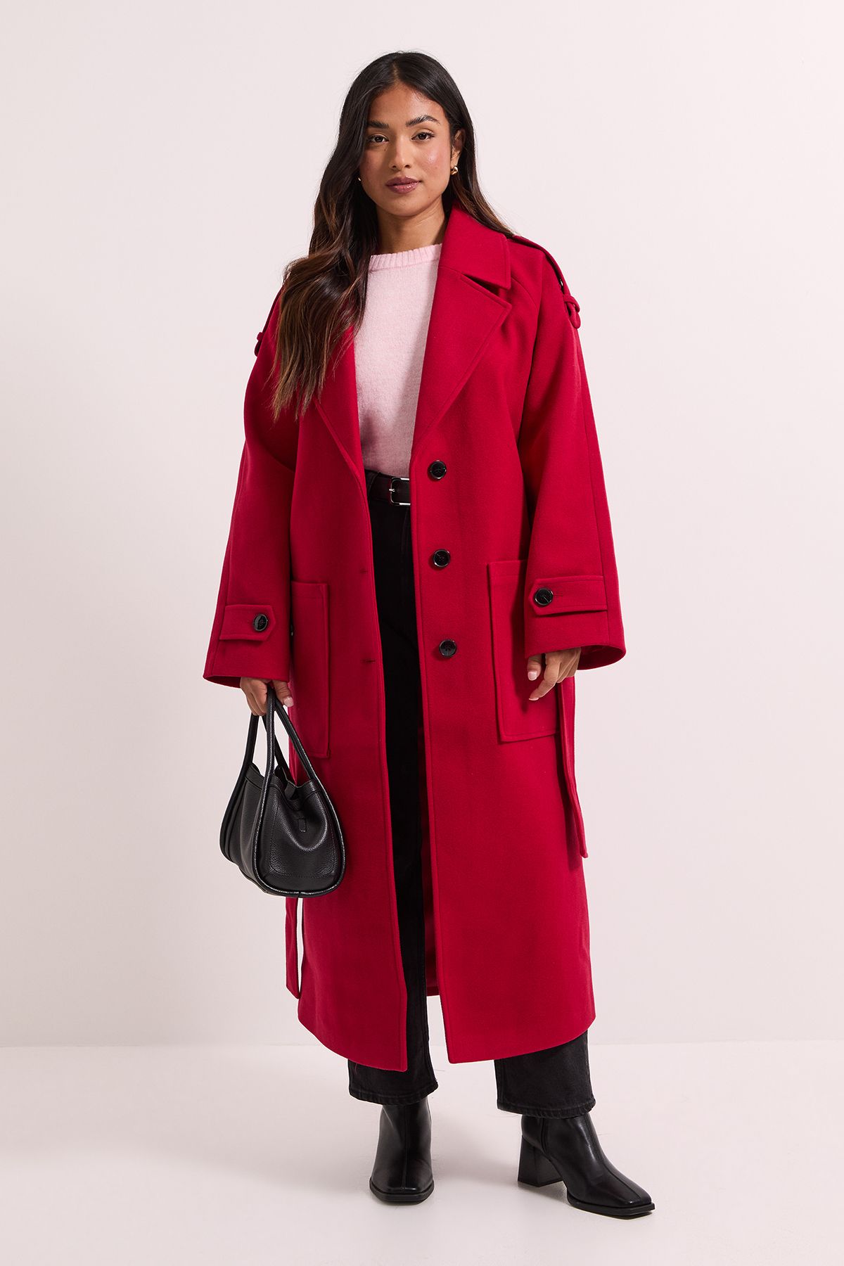 Dorothy Perkins Petite Belted Longline Coat Red