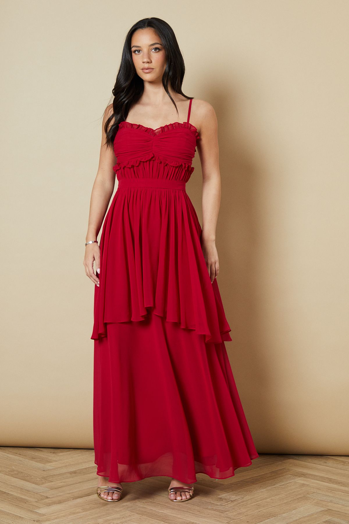 Oasis Strappy Scallop Bust Tiered Midi Dress Red image 1