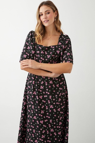 Dorothy Perkins Black Floral Angel Sleeve Midi Dress Black