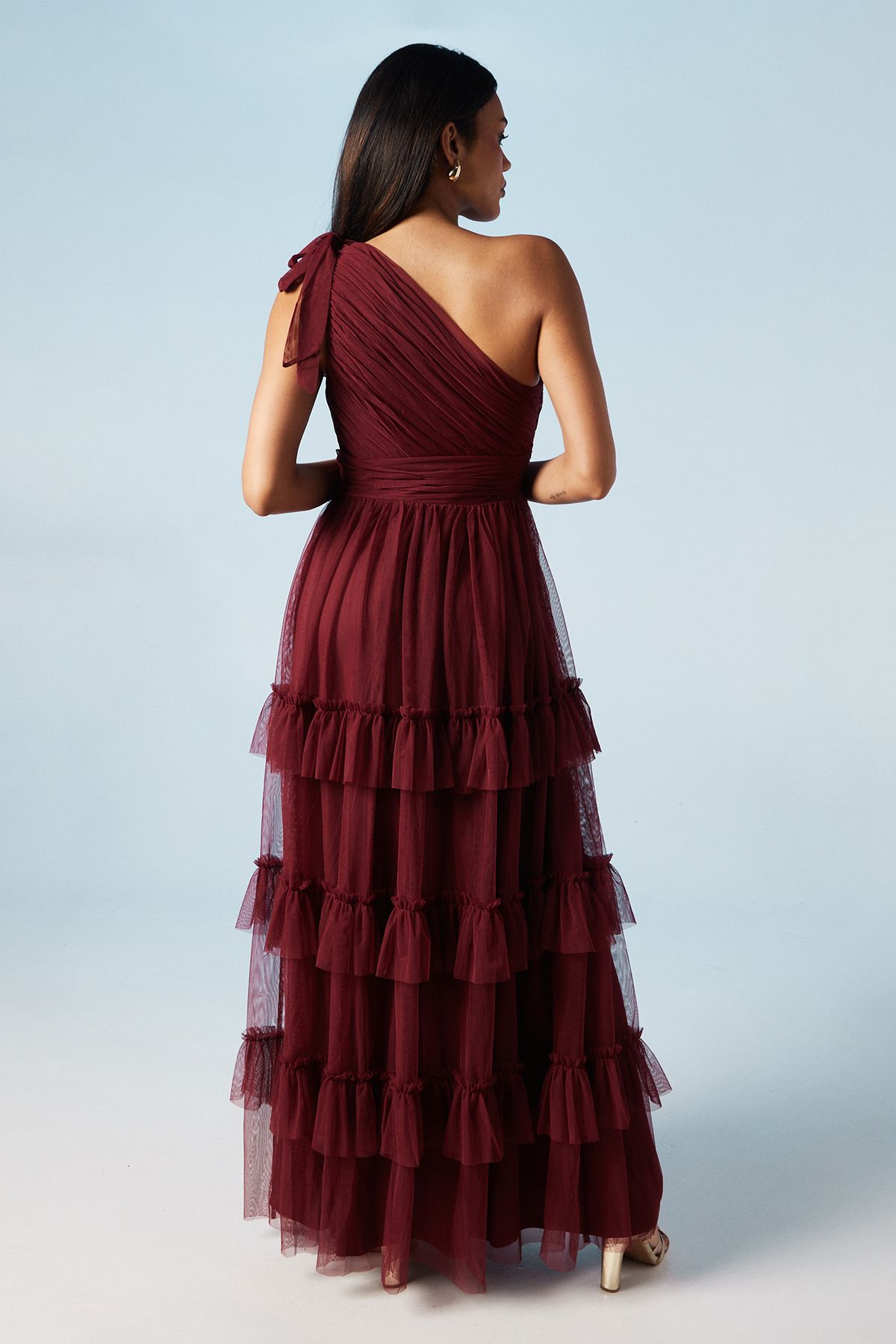 Oasis Pleated Mesh One Shoulder Tiered Maxi Bridesmaid Maxi Dress Berry image 3
